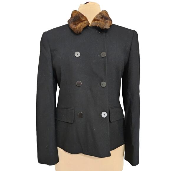 Lauren Ralph Lauren Wool Double Breasted Black with Faux Fur Collar Blazer 8